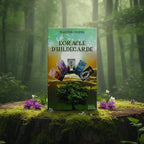 Coffret vert L'Oracle d'Hildegarde de Martine Otayek posé sur une souche, illustré d'un arbre vigoureux et d'un éventail de cartes mystiques sous un ciel lumineux.