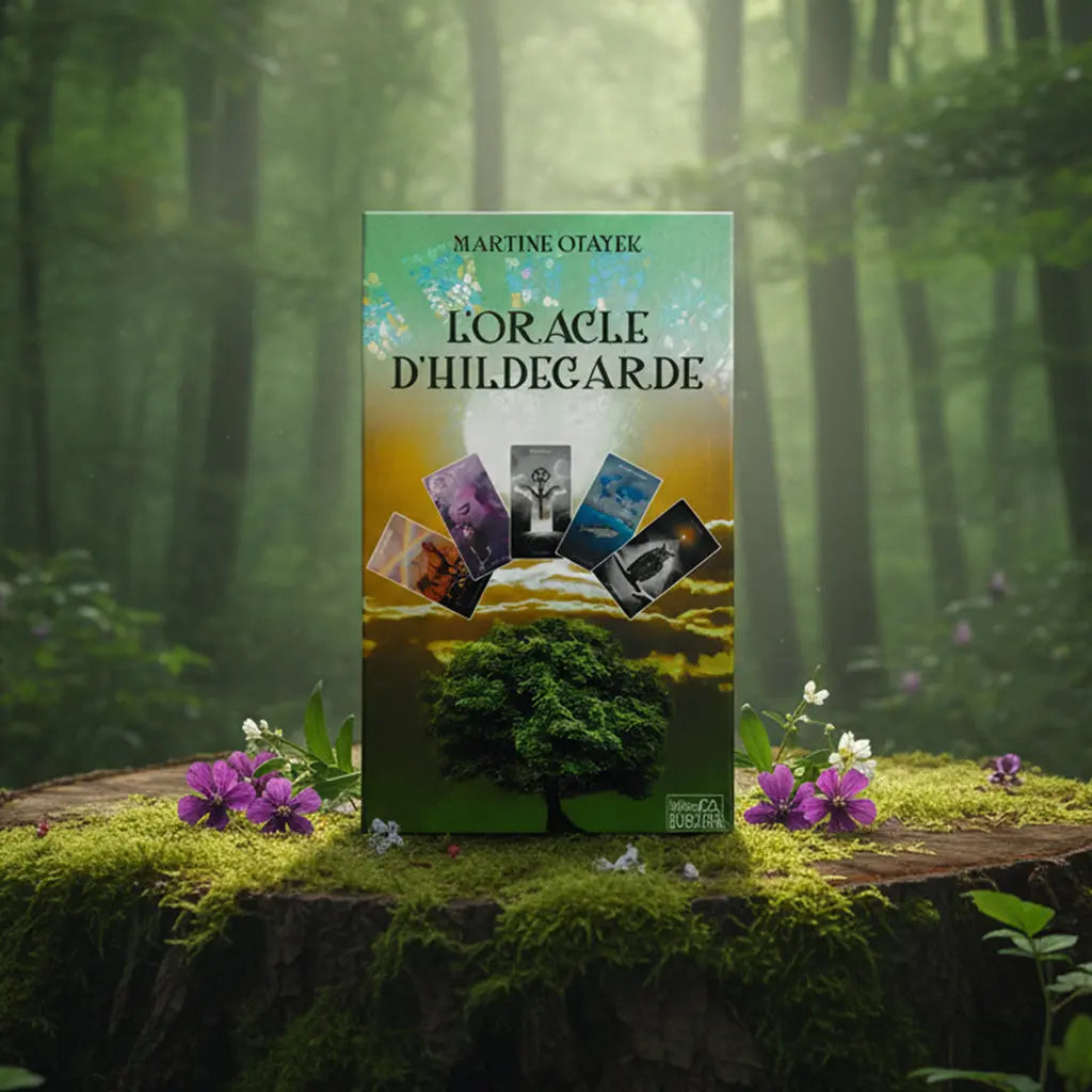Coffret vert L'Oracle d'Hildegarde de Martine Otayek posé sur une souche, illustré d'un arbre vigoureux et d'un éventail de cartes mystiques sous un ciel lumineux.
