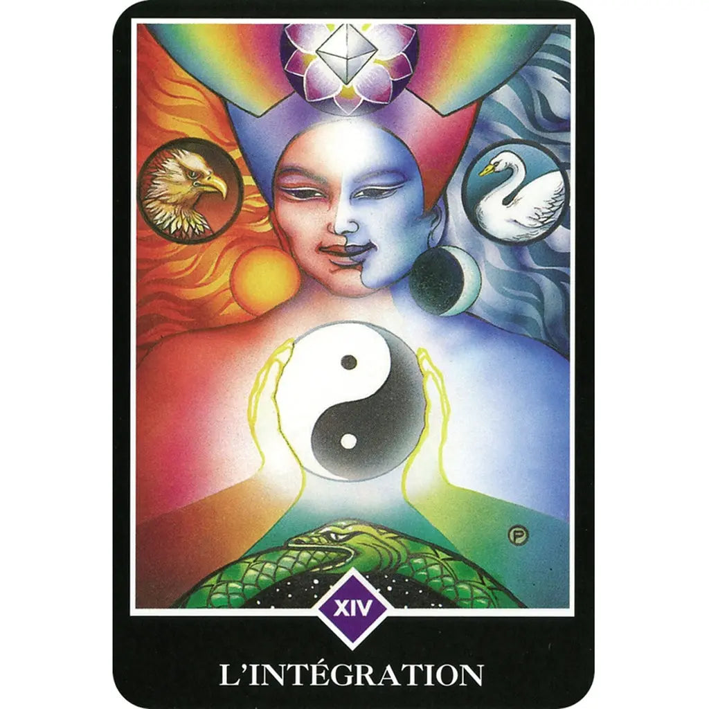 Carte “L’Intégration” (Osho Zen Tarot) : un visage moitié soleil / moitié lune tenant un yin-yang lumineux, avec un aigle et un cygne en médaillons — symbole d’équilibre des opposés et d’harmonie intérieure.