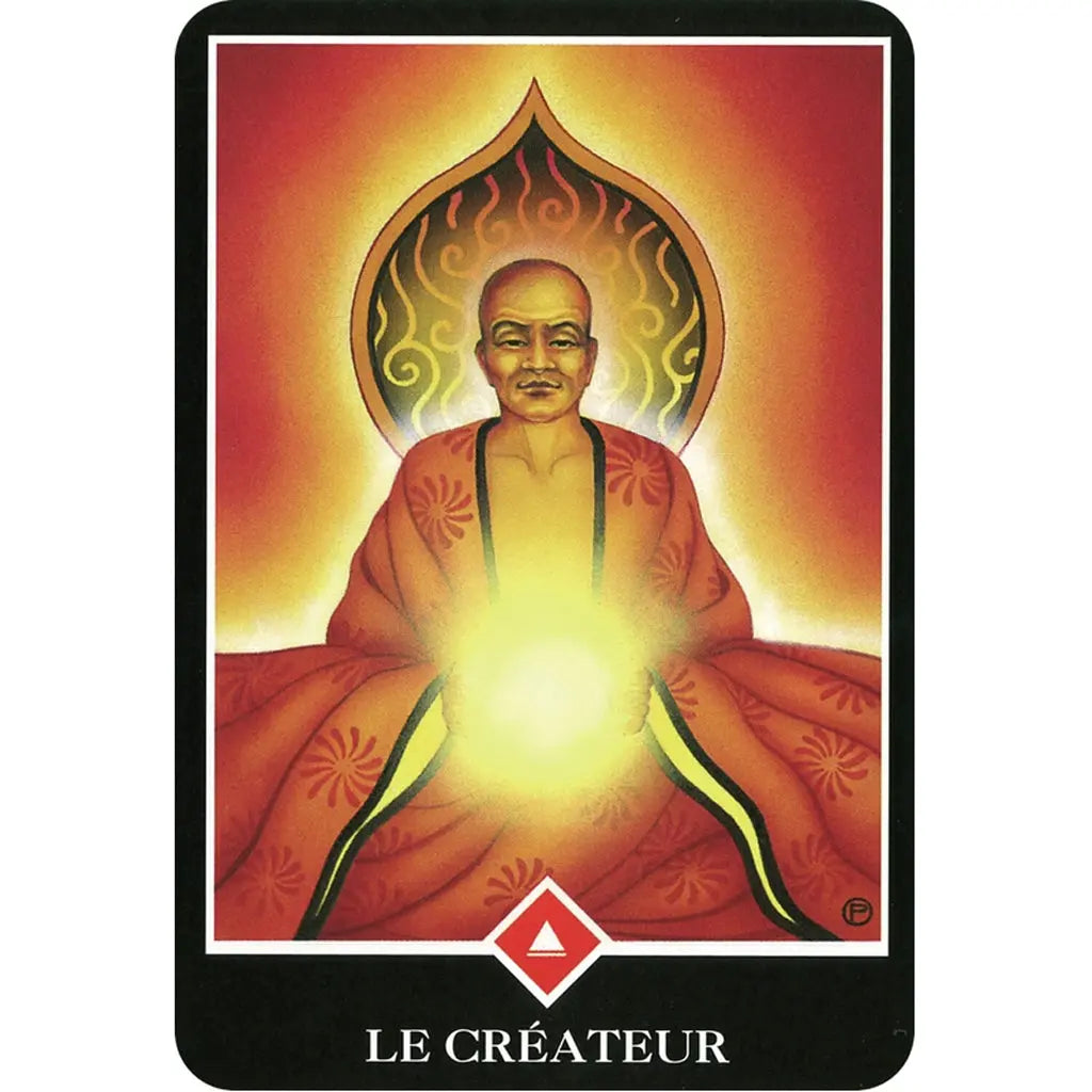 Carte “Le Créateur” (Osho Zen Tarot) : un homme en méditation vêtu de rouge, tenant une boule de lumière au niveau du ventre, avec un halo en forme de flamme — symbole d’énergie créative, d’élan et de mise en action.