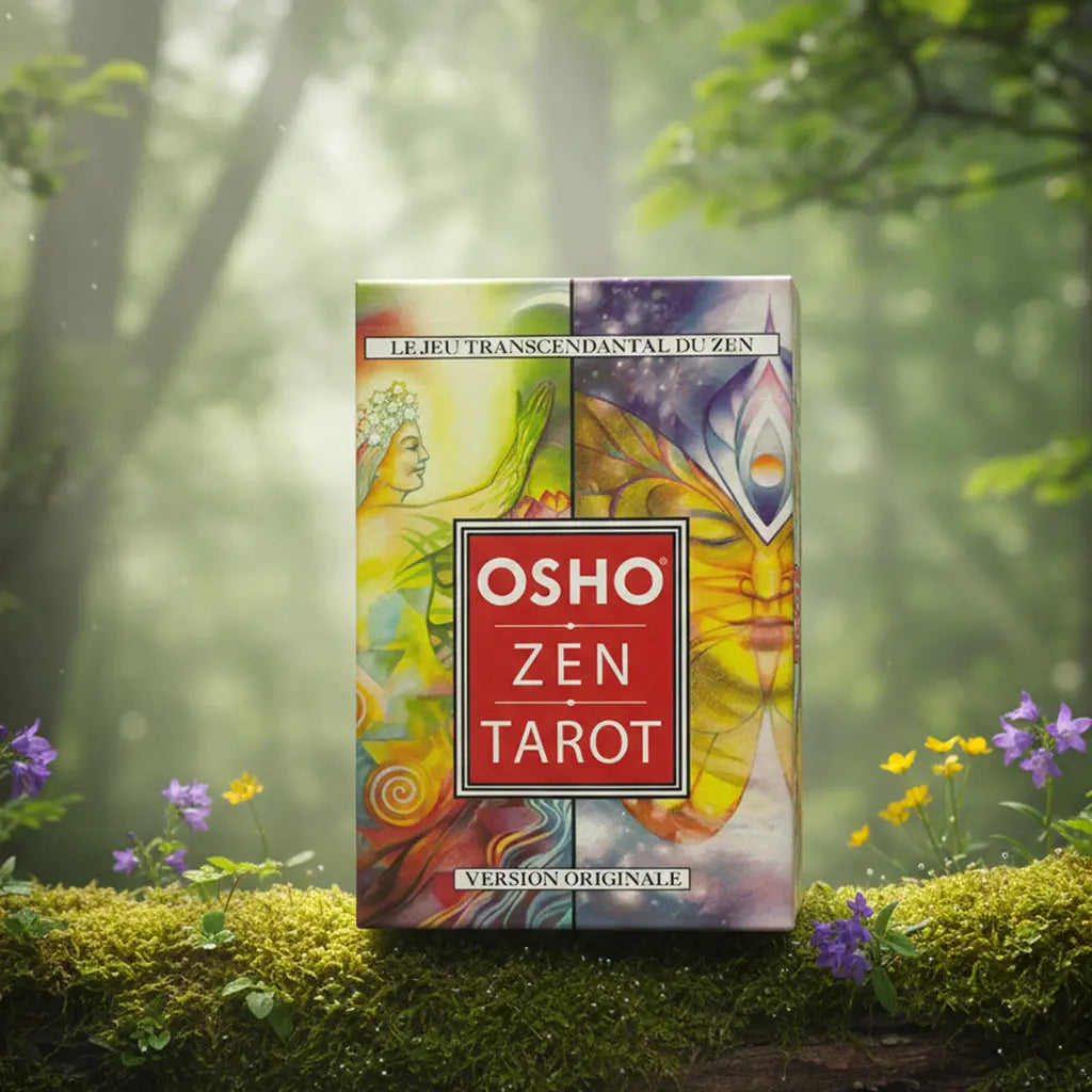 Boîte colorée du Osho Zen Tarot - Version Originale posée sur une souche, illustrée de figures spirituelles aux teintes vertes et violettes avec un logo rouge central.