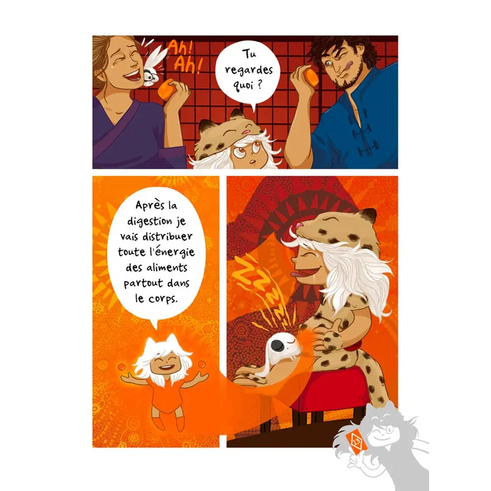 Les Aventures du petit yogi (Tome 3), illustré par une planche intérieure colorée expliquant de manière ludique le processus énergétique de la digestion.