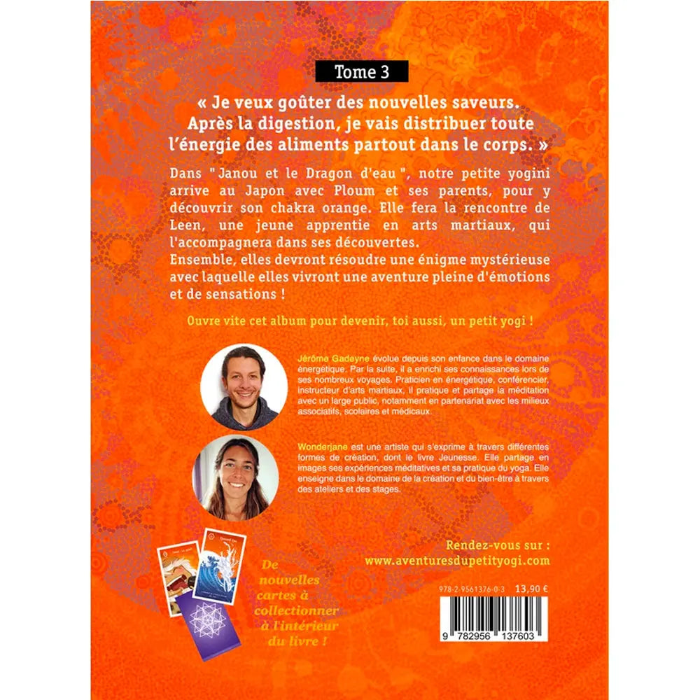Les Aventures du petit yogi (Tome 3), sa quatrième de couverture présentant le résumé textuel et les auteurs sur un fond texturé orange vif.