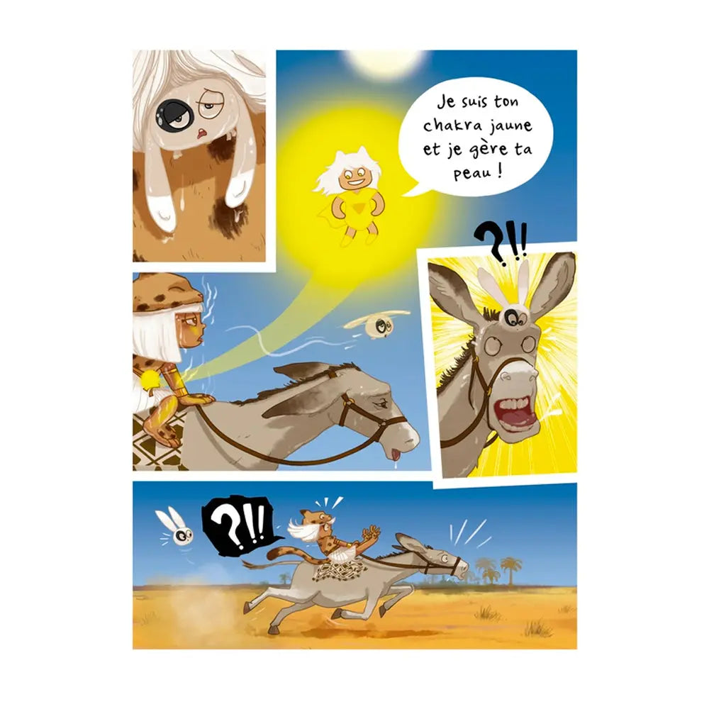 Les Aventures du petit yogi (Tome 4), une planche intérieure illustrant de façon humoristique la découverte et le rôle du chakra jaune.
