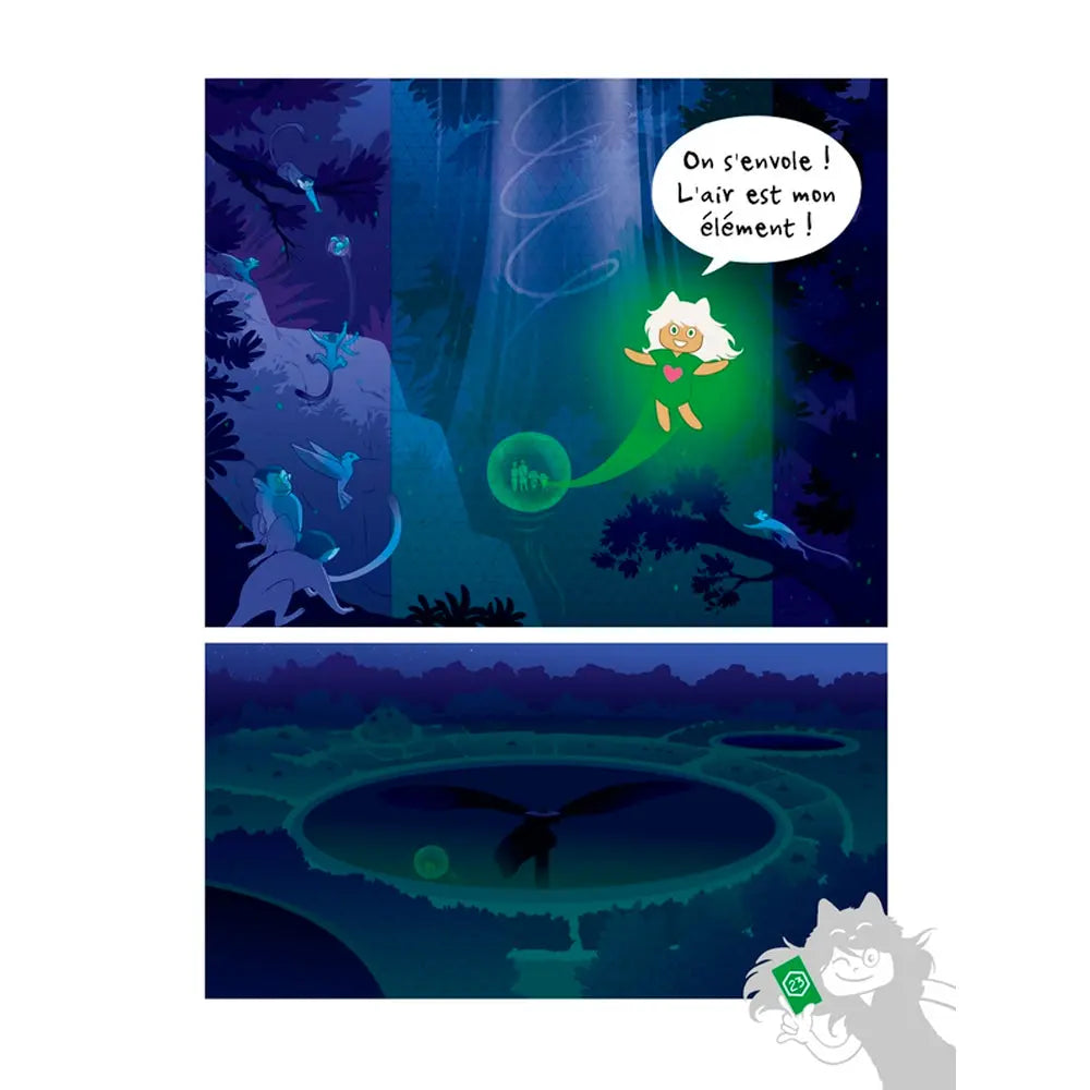 Les Aventures du petit yogi (Tome 5), une planche intérieure illustrant un personnage entouré d'une aura verte s'envolant dans une forêt nocturne.