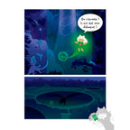 Les Aventures du petit yogi (Tome 5), une planche intérieure illustrant un personnage entouré d'une aura verte s'envolant dans une forêt nocturne.