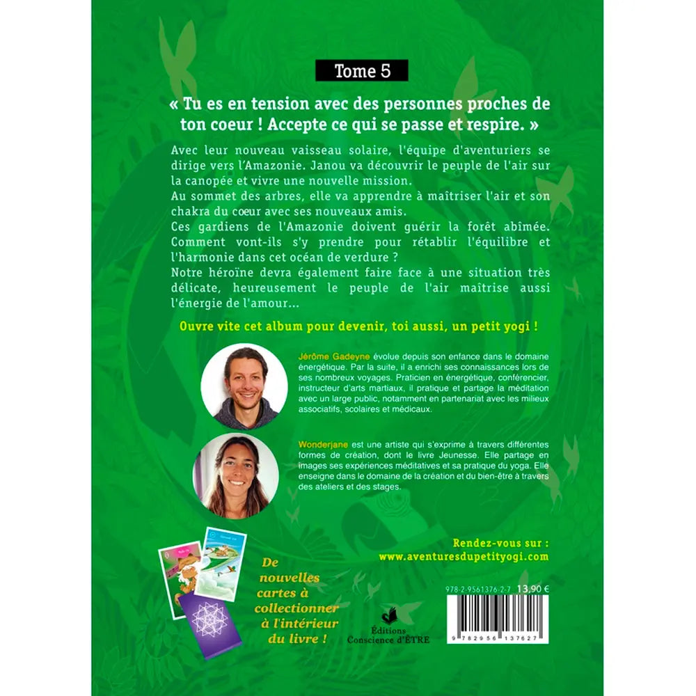 Les Aventures du petit yogi (Tome 5), sa quatrième de couverture présentant l'intrigue en Amazonie et le profil des auteurs sur fond vert feuillage.