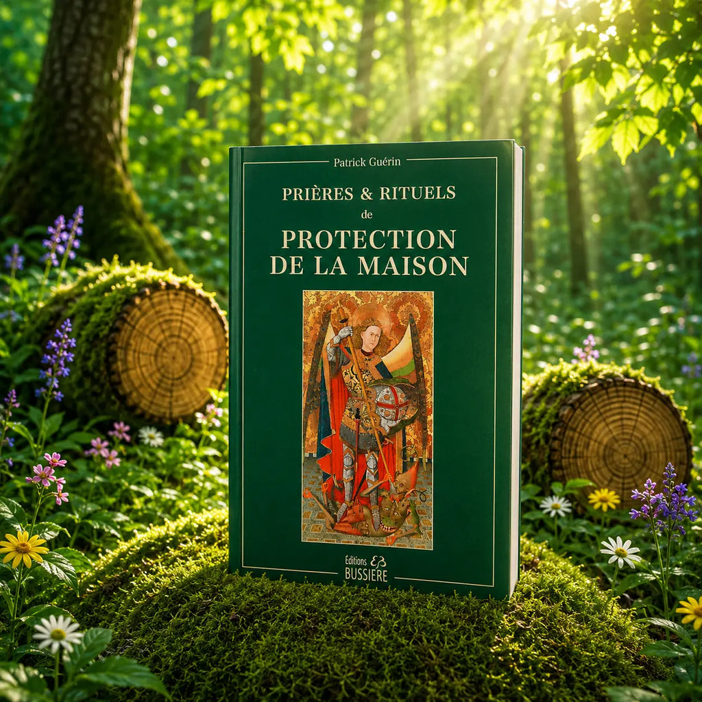 Livre Prières et Rituels de Protection de la Maison - Patrick Guérin sur mousse sacrée au pied d'un arbre, entouré de fleurs violettes sous des rayons de soleil magiques.