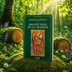 Livre Prières et Rituels de Protection de la Maison - Patrick Guérin sur mousse sacrée au pied d'un arbre, entouré de fleurs violettes sous des rayons de soleil magiques.