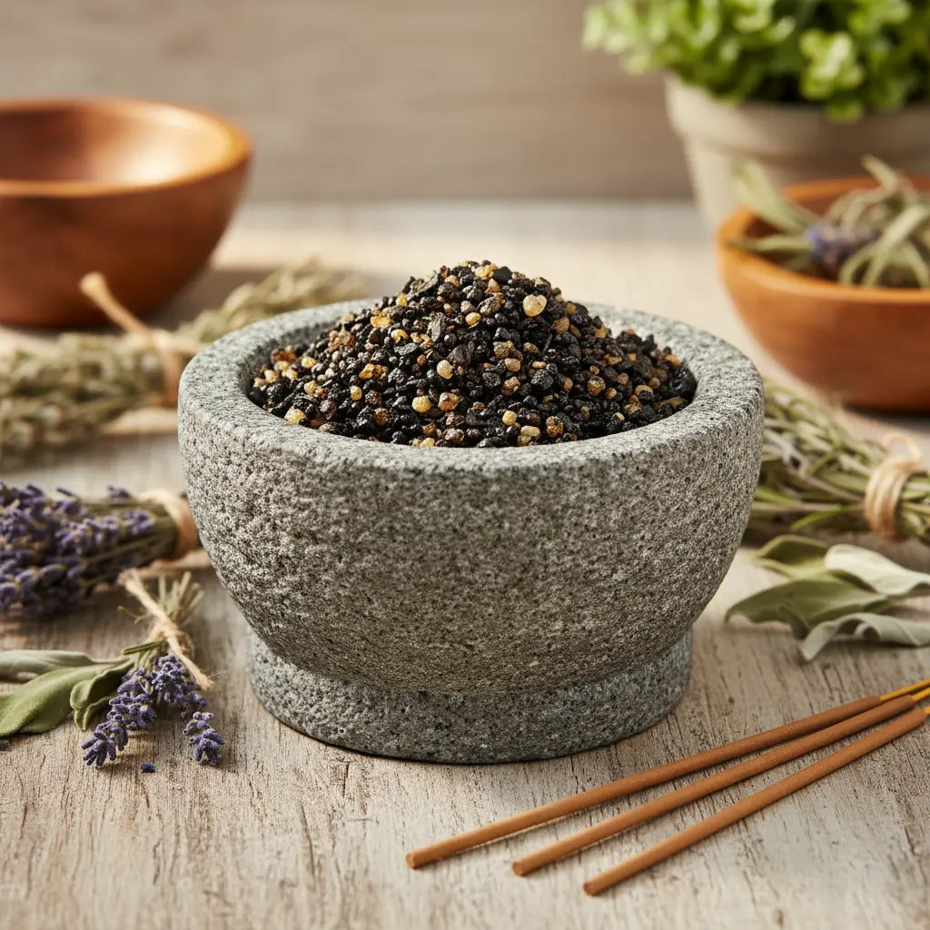 Grains d'encens de résine Pontifical (noir et ambre) dans un mortier en granit gris, entouré de bouquets de lavande, de feuilles de sauge et de bâtonnets d'encens.