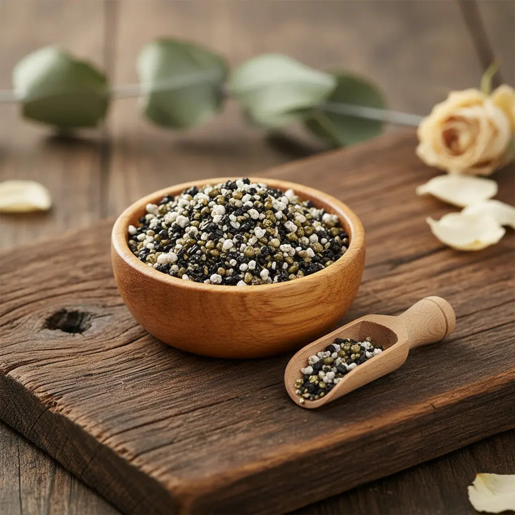 Coupelle en bois remplie de grains d’encens Prière aux défunts noirs, blancs et verts avec petite pelle sur planche en bois.
