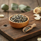 Coupelle en bois remplie de grains d’encens Prière aux défunts noirs, blancs et verts avec petite pelle sur planche en bois.
