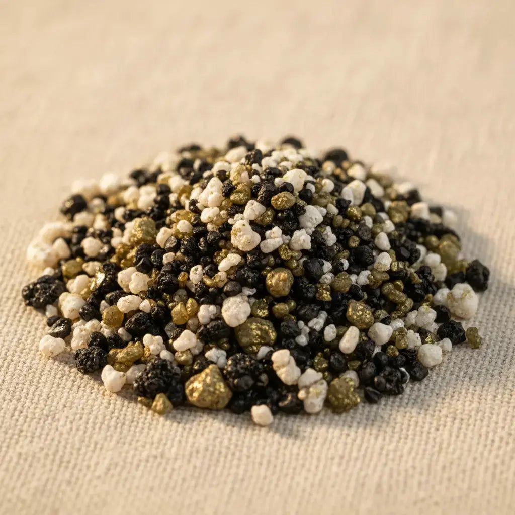 Gros plan sur des grains d’encens Prière aux défunts noirs, blancs et dorés disposés en tas sur tissu clair.
