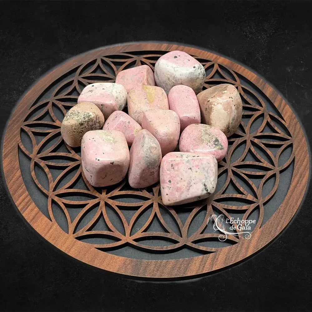 Plusieurs pierres de rhodonite polies, affichant des teintes vieux rose avec des marbrures grises et noires, disposées sur une fleur de vie en bois sur fond noir.