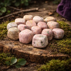Pierres de Rhodonite roulées aux nuances de rose tendre et marbrées de noir, disposées sur un tronc moussu dans une atmosphère de forêt enchantée.