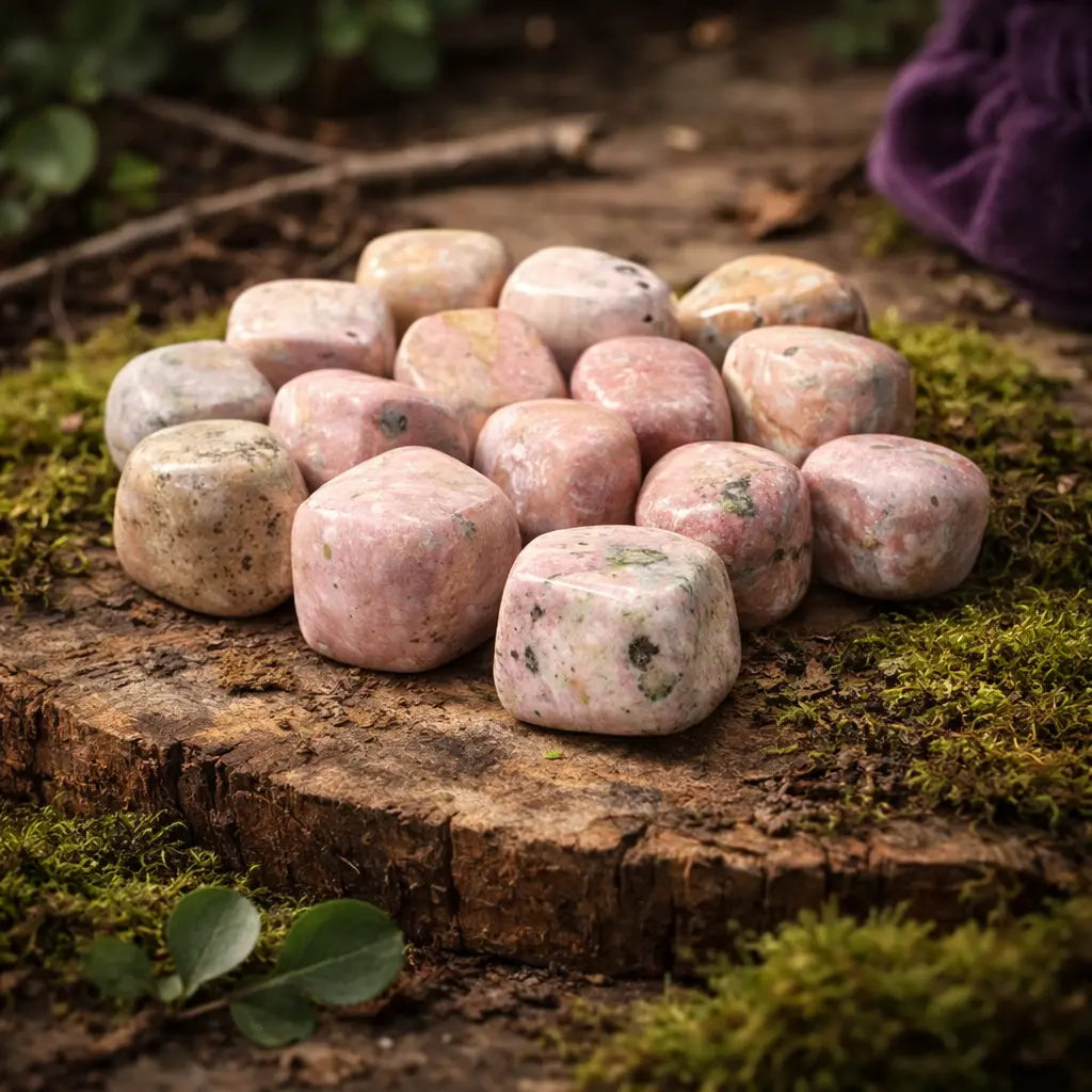 Pierres de Rhodonite roulées aux nuances de rose tendre et marbrées de noir, disposées sur un tronc moussu dans une atmosphère de forêt enchantée.