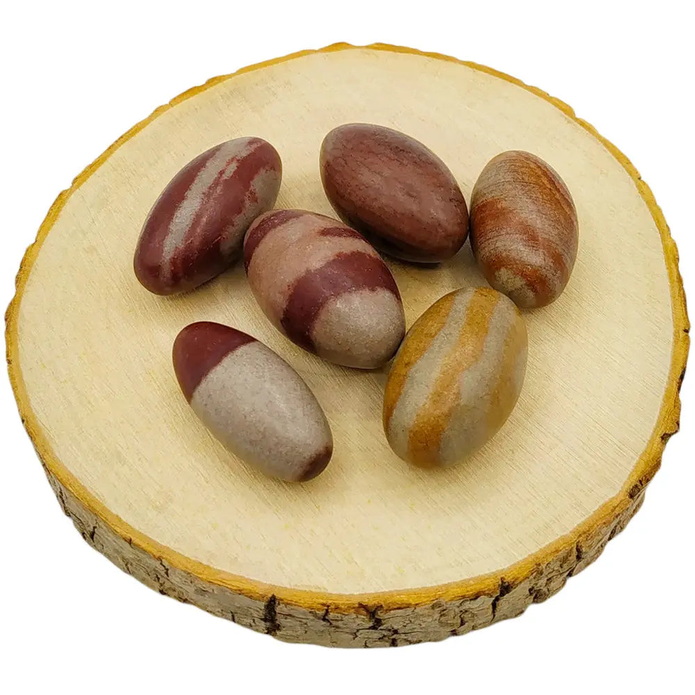 Plusieurs pierres Shiva Lingam (5-6 cm) de forme ovoïde, ornées de bandes naturelles brunes et grises, disposées sur une tranche de bois clair.