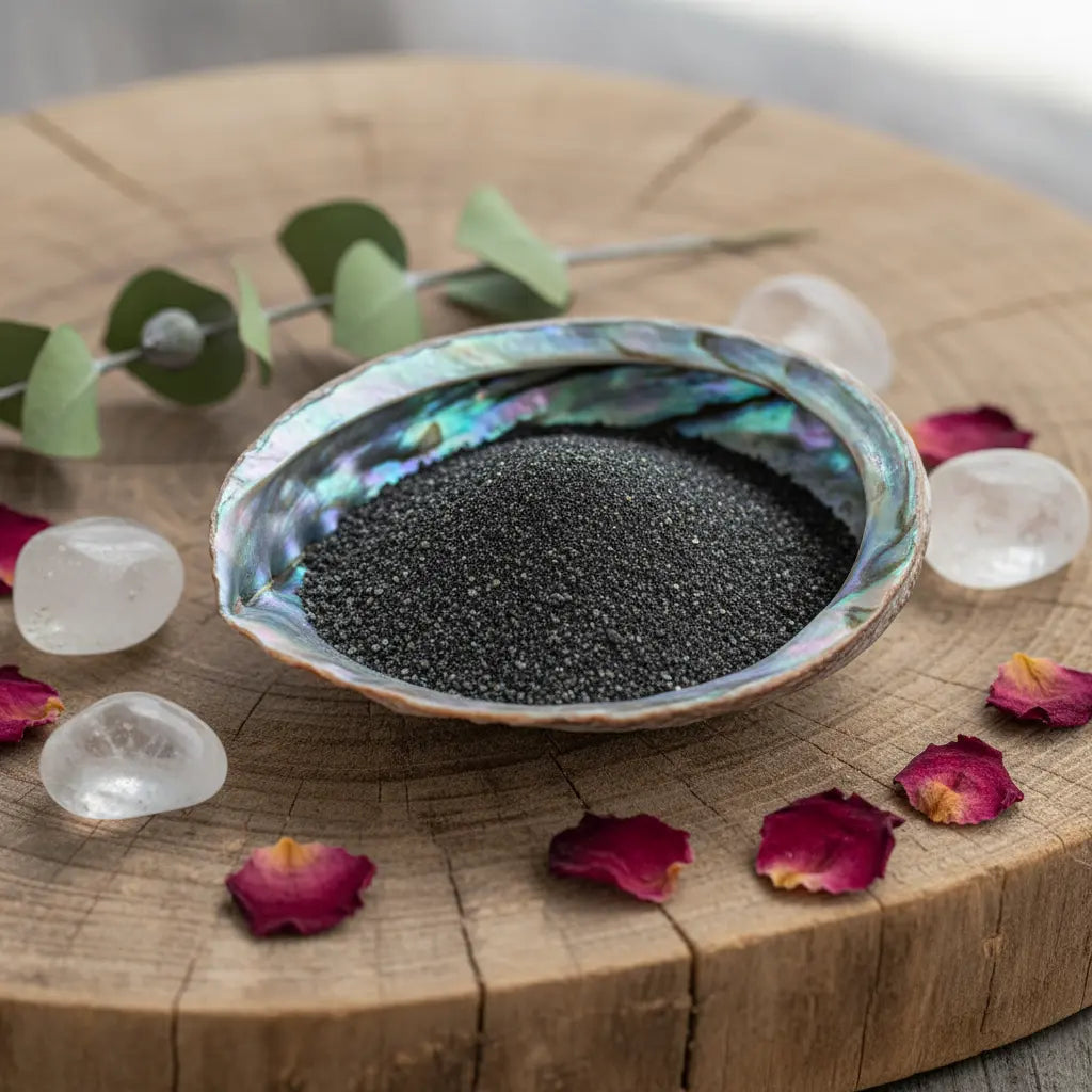 Sable de Lave Original noir volcanique disposé dans une coquille d'abalone nacrée, posée sur un plateau en bois avec des pétales de roses et des cristaux.