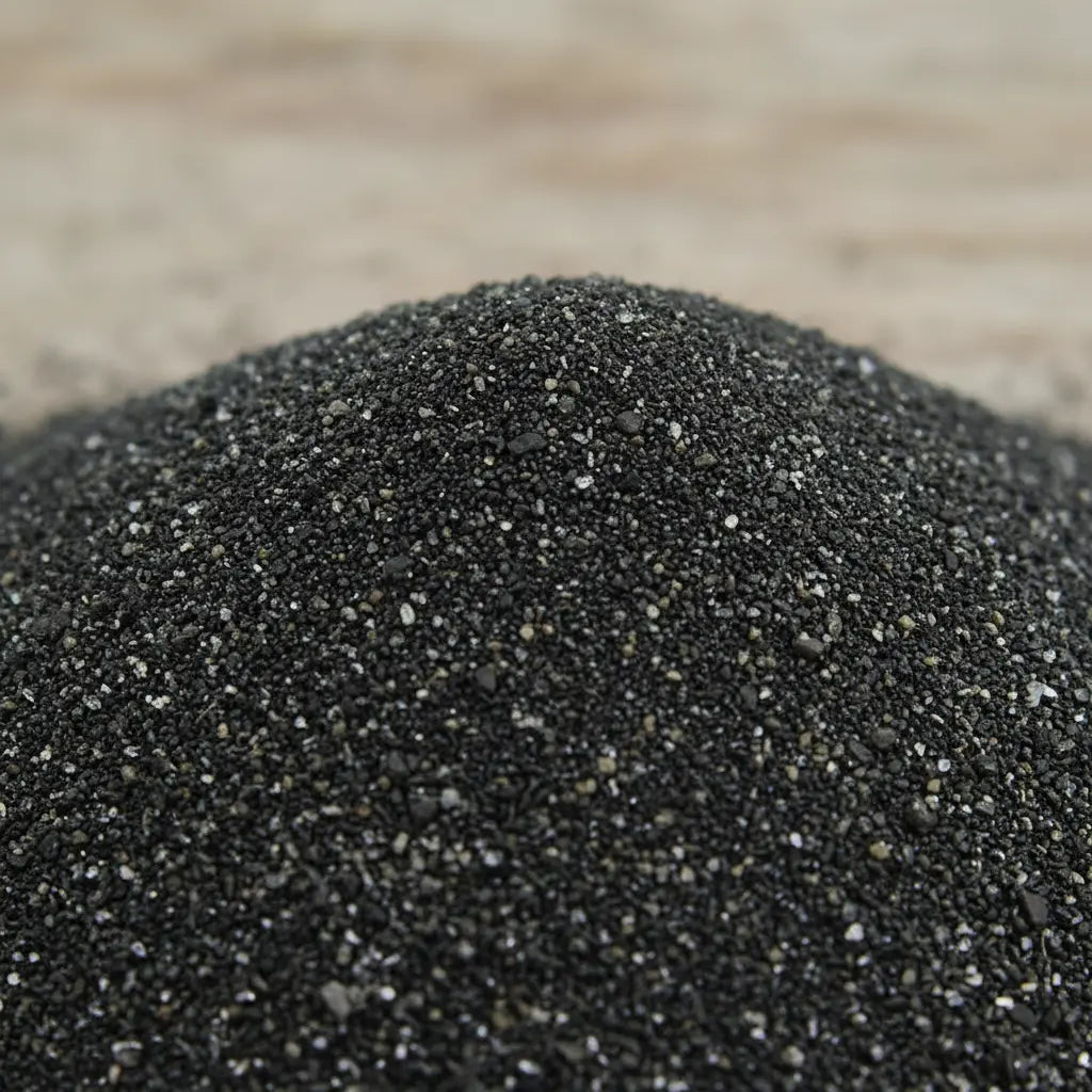 Gros plan sur du sable de lave noir contenu dans un encensoir en métal, idéal pour la fumigation d'encens.