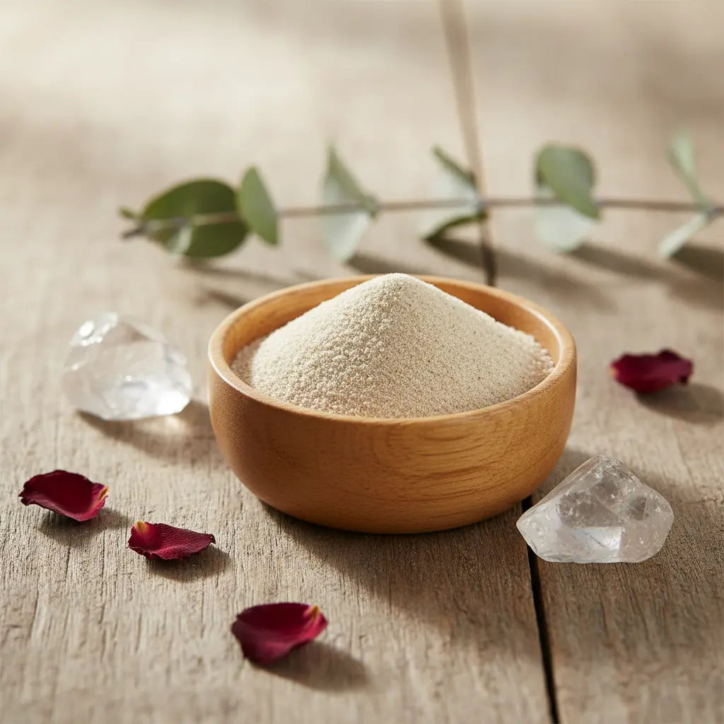 Sable pour encens et encensoirs de couleur beige clair disposé en dôme dans un bol en bois lisse, entouré de pétales de roses et de quartz transparents.