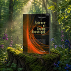 Livre Science et champ akashique d'Ervin Laszlo posé sur une souche d'arbre moussue au cœur d'une forêt lumineuse, entouré de fleurs violettes.