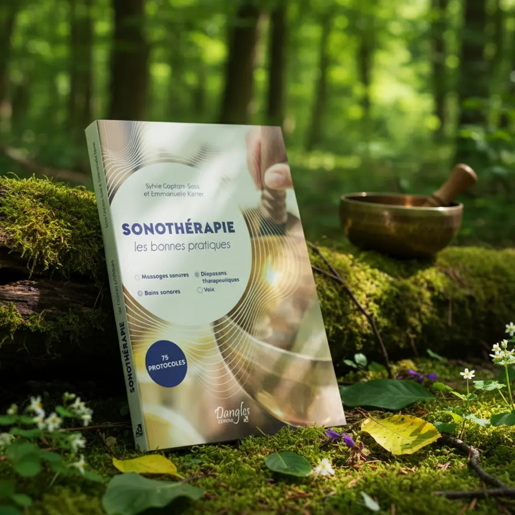 Livre Sonothérapie Les Bonnes Pratiques posé en forêt contre une souche moussue, accompagné d'un bol tibétain chantant en arrière-plan.