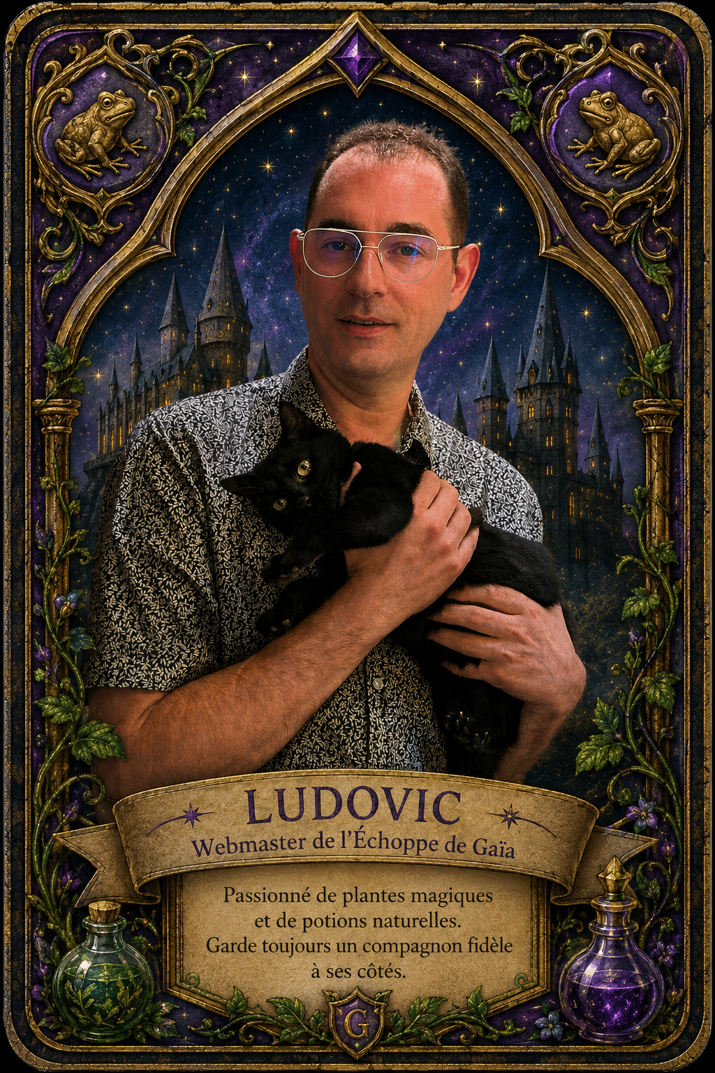 Portrait de Ludovic Webmaster de l'Échoppe de Gaïa, souriant avec des lunettes et tenant un chat noir dans un cadre féerique orné.