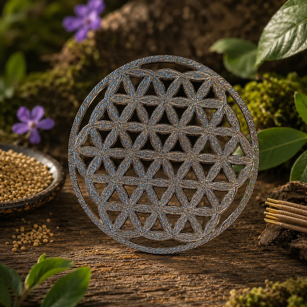 Suspension Fleur de Vie ronde en laiton argenté au fini nickel, posée sur un plan en bois forestier avec des fleurs violettes et des graines rituelles.