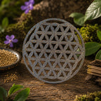 Suspension Fleur de Vie ronde en laiton argenté au fini nickel, posée sur un plan en bois forestier avec des fleurs violettes et des graines rituelles.