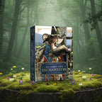Coffret bleu Le Tarot des Enchanteurs de Barbara Moore posé sur une souche, illustré d'une sorcière moderne tenant un grimoire par Mieke Janssens.