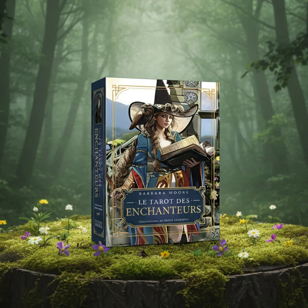 Coffret bleu Le Tarot des Enchanteurs de Barbara Moore posé sur une souche, illustré d'une sorcière moderne tenant un grimoire par Mieke Janssens.