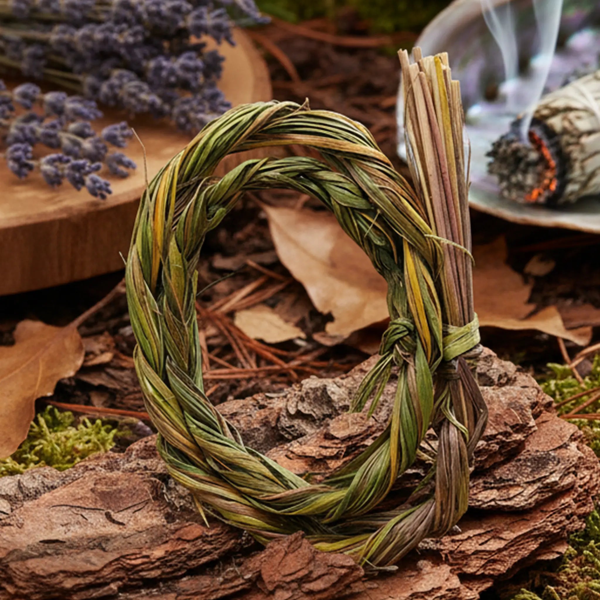 Tresse purificatrice de foin d’odeur (sweet grass) formant un petit cercle dressé sur un morceau d’écorce, brins noués sur le côté. En arrière-plan, feuilles mortes, aiguilles de pin et bâton de sauge fumant dans une coquille : ambiance rituelle de fumigation en forêt.