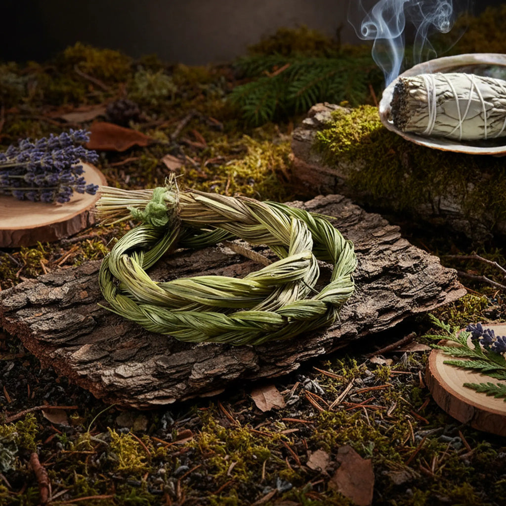 Tresse purificatrice de foin d’odeur (sweet grass) disposée en cercle sur un morceau d’écorce, dans une mise en scène « forêt » avec mousse, aiguilles de pin et brins de lavande. À droite, on voit une coquille (type ormeau) avec un bâton de sauge fumant, la fumée montant vers le haut de l’image : ambiance rituel de fumigation chamanique / ésotérique.