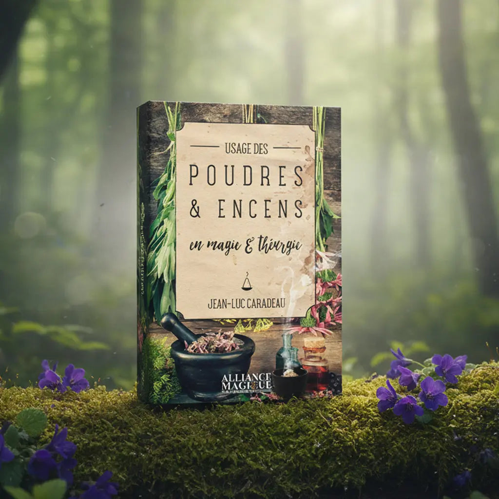 Livre vintage Usage des Poudres et Encens en Magie et Théurgie de Jean-Luc Caradeau posé sur une branche moussue, illustré d'un mortier, de fioles et d'herbes séchées.