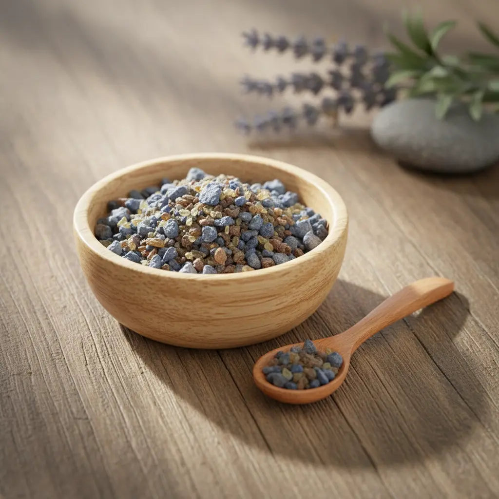 Grains d'encens de résine Abbé Julio, mélange de teintes gris-bleu et ambrées, dans un petit bol en bois clair, avec cuillère, sur une surface en bois sombre.