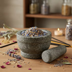 Grains de résine d'encens Abbé Julio (bleu-gris et ambre) dans un mortier en granit avec pilon, entouré de lavande, pétales de rose et une bougie allumée.
