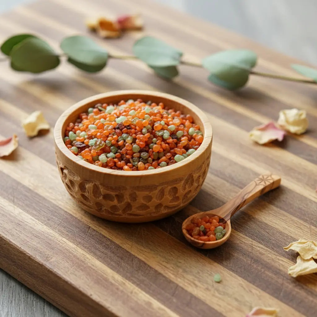 Grains d'encens de résine Agrume, mélange dominant d'orange et de vert clair, dans un petit bol en bois sculpté avec cuillère, sur une planche de bois à rayures.