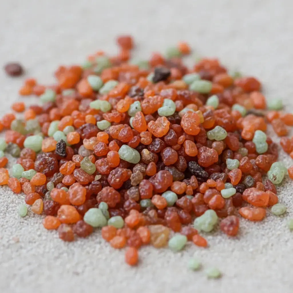 Gros plan sur un monticule de grains d'encens de résine Agrume, montrant des couleurs vives orange-rouille et des petites billes vert menthe pâle.