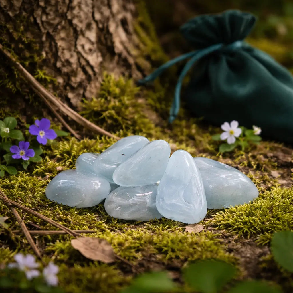 Un groupe de pierres d'aigue-marine roulées d'un bleu clair translucide, déposé sur de la mousse naturelle au pied d'un arbre avec un petit sac en velours vert en arrière-plan.