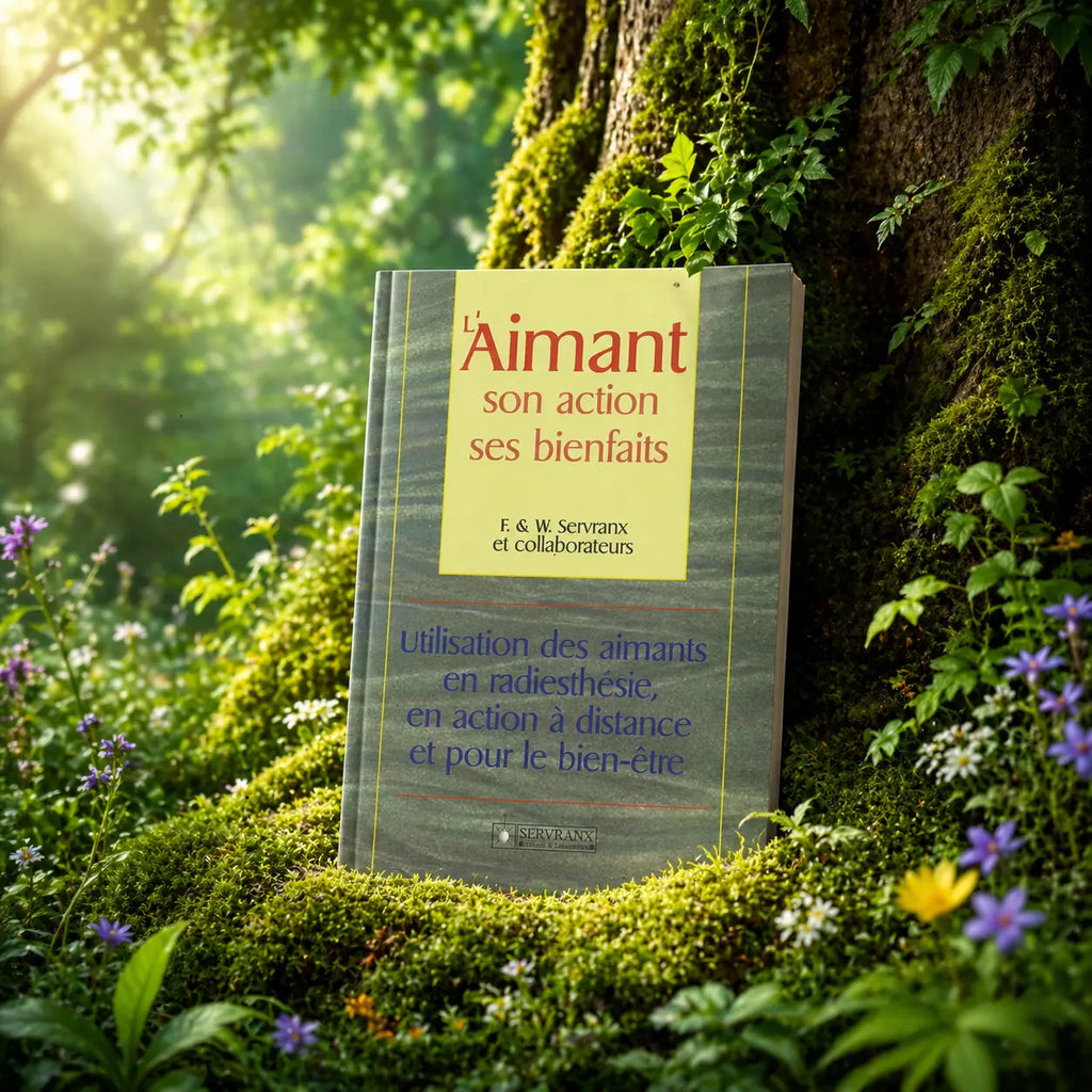 Livre L'Aimant Son action Ses bienfaits de F. & W. Servranx posé dans la mousse au pied d'un arbre, avec une couverture grise et un encadré jaune.