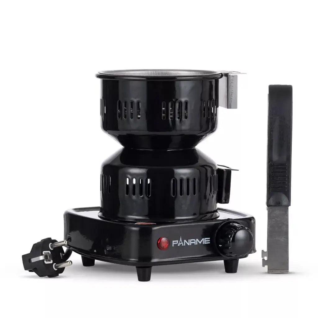 Allume-charbon électrique noir de la marque Paname avec sa pince et son câble d'alimentation, présenté sur fond blanc.