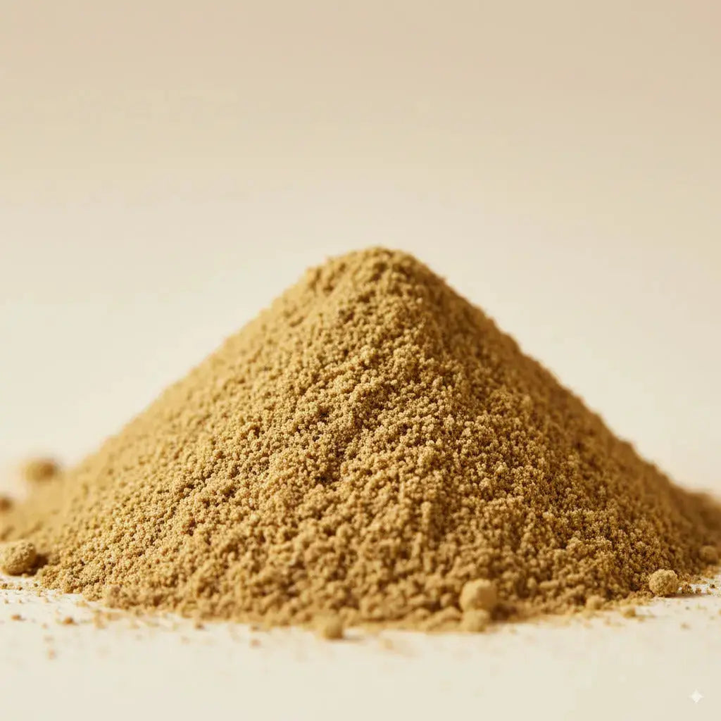 Gros plan sur un monticule d'Encens d'Aloès en poudre, de couleur brun-beige terreux, sur un fond uni clair.