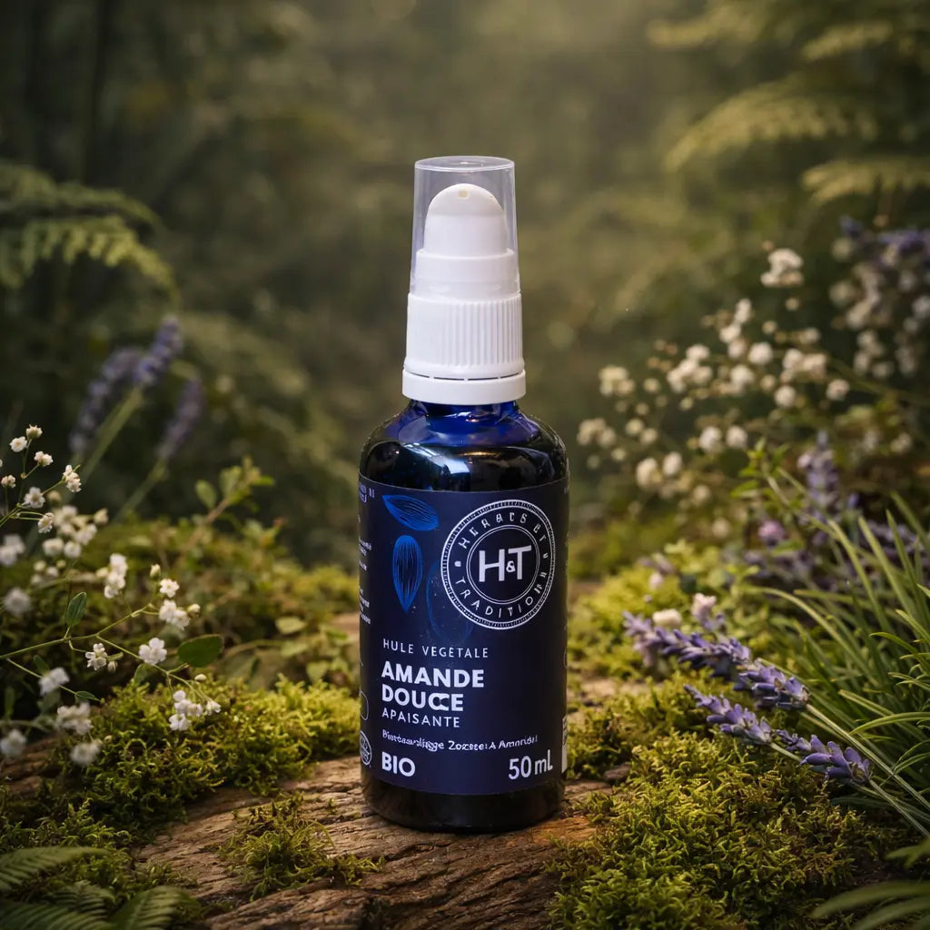 Flacon bleu à pompe d'Huile Végétale Amande Douce Apaisante Herbes et Traditions posé sur un lit de mousse avec des fleurs de lavande en arrière-plan.