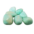 Un groupe de sept pierres d'amazonite extra roulées aux surfaces lisses et brillantes, affichant une couleur vert menthe clair avec des zones plus pâles, regroupé sur un fond blanc uni.