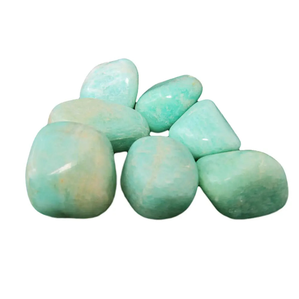Un groupe de sept pierres d'amazonite extra roulées aux surfaces lisses et brillantes, affichant une couleur vert menthe clair avec des zones plus pâles, regroupé sur un fond blanc uni.