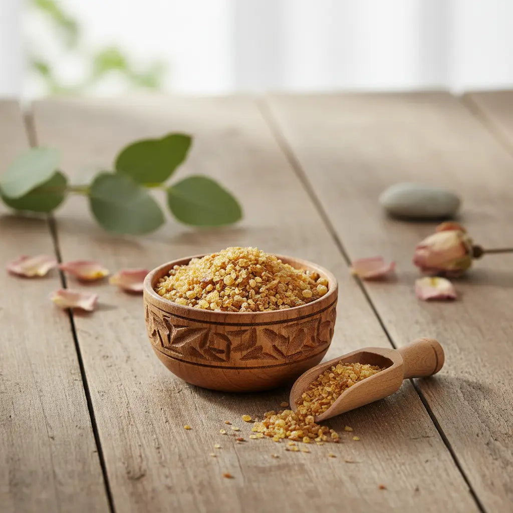 Coupelle en bois sculpté remplie de grains de résine d’encens ambre dorés avec petite pelle sur table en bois.