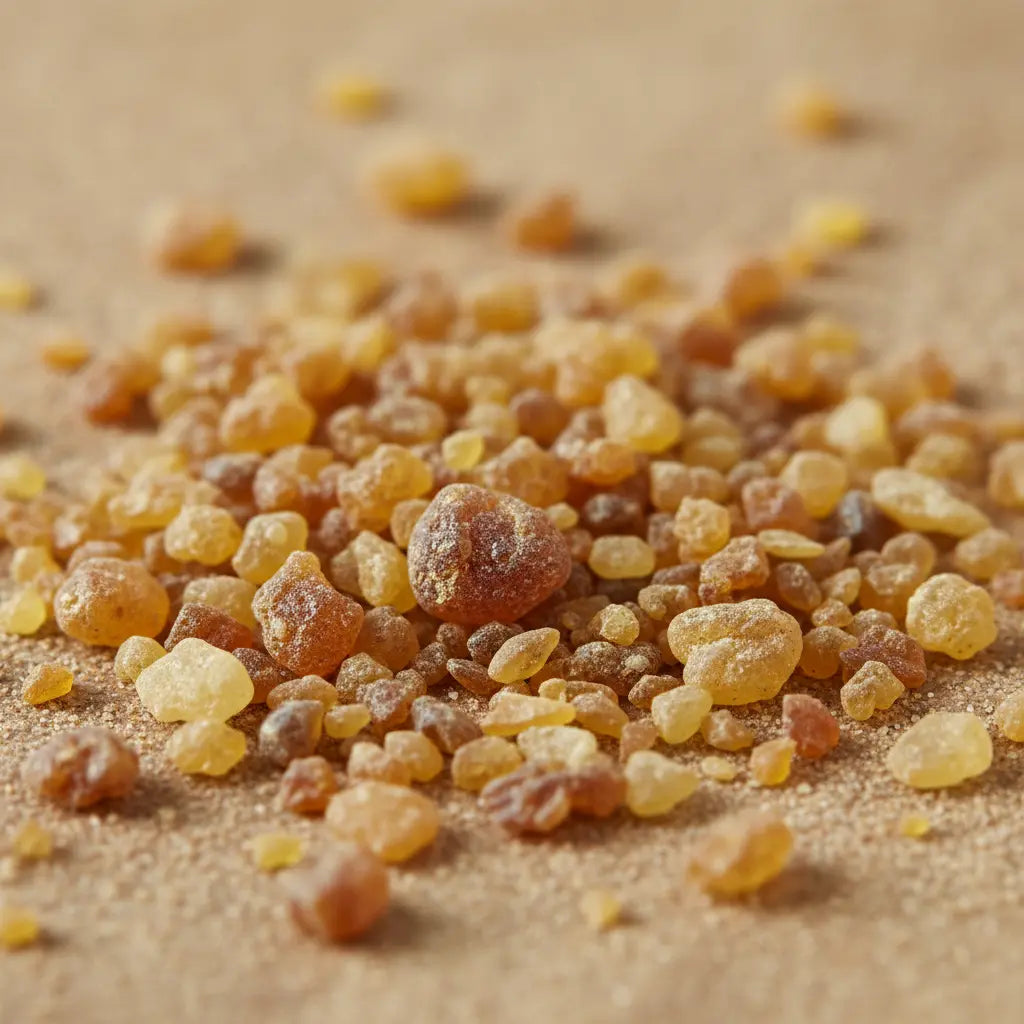 Gros plan sur des grains de résine d’encens ambre dorés et ambrés sur fond sable clair.