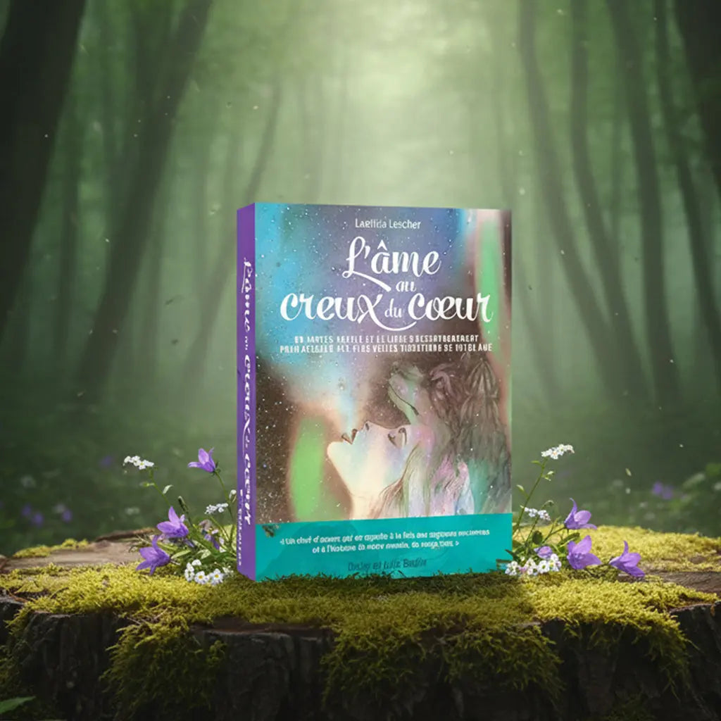 Coffret turquoise et violet L'Âme au Creux du Coeur de Laetitia Lescher posé sur une souche, illustré d'un visage féminin éthéré soufflant de la lumière.