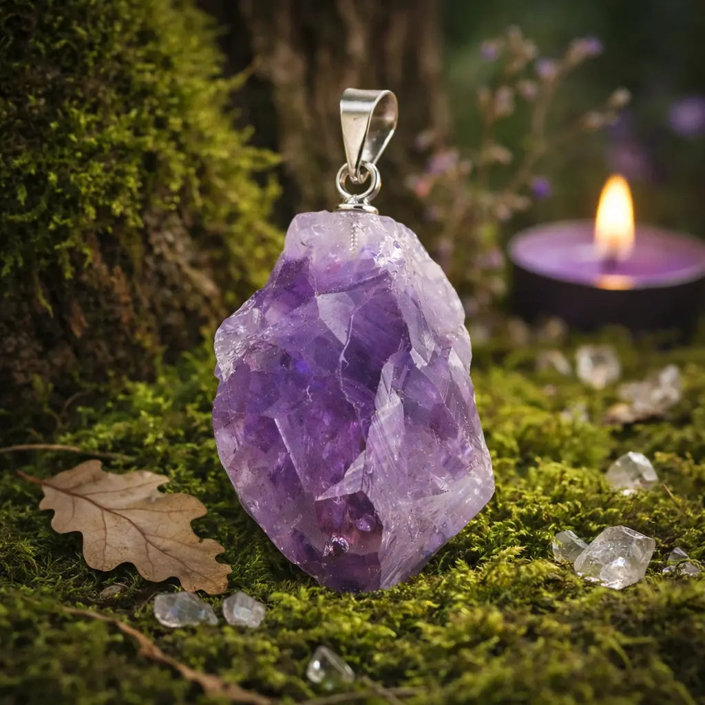 Pendentif en pointe d'améthyste brute violette translucide, monté sur une bélière argentée, posé sur un tapis de mousse avec une bougie violette.
