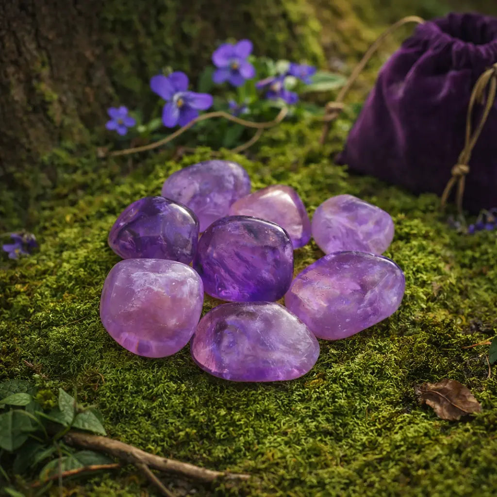 Huit pierres d'améthyste polies d'un violet translucide et vibrant, disposées sur un tapis de mousse verte au pied d'un arbre avec un pochon de velours violet.